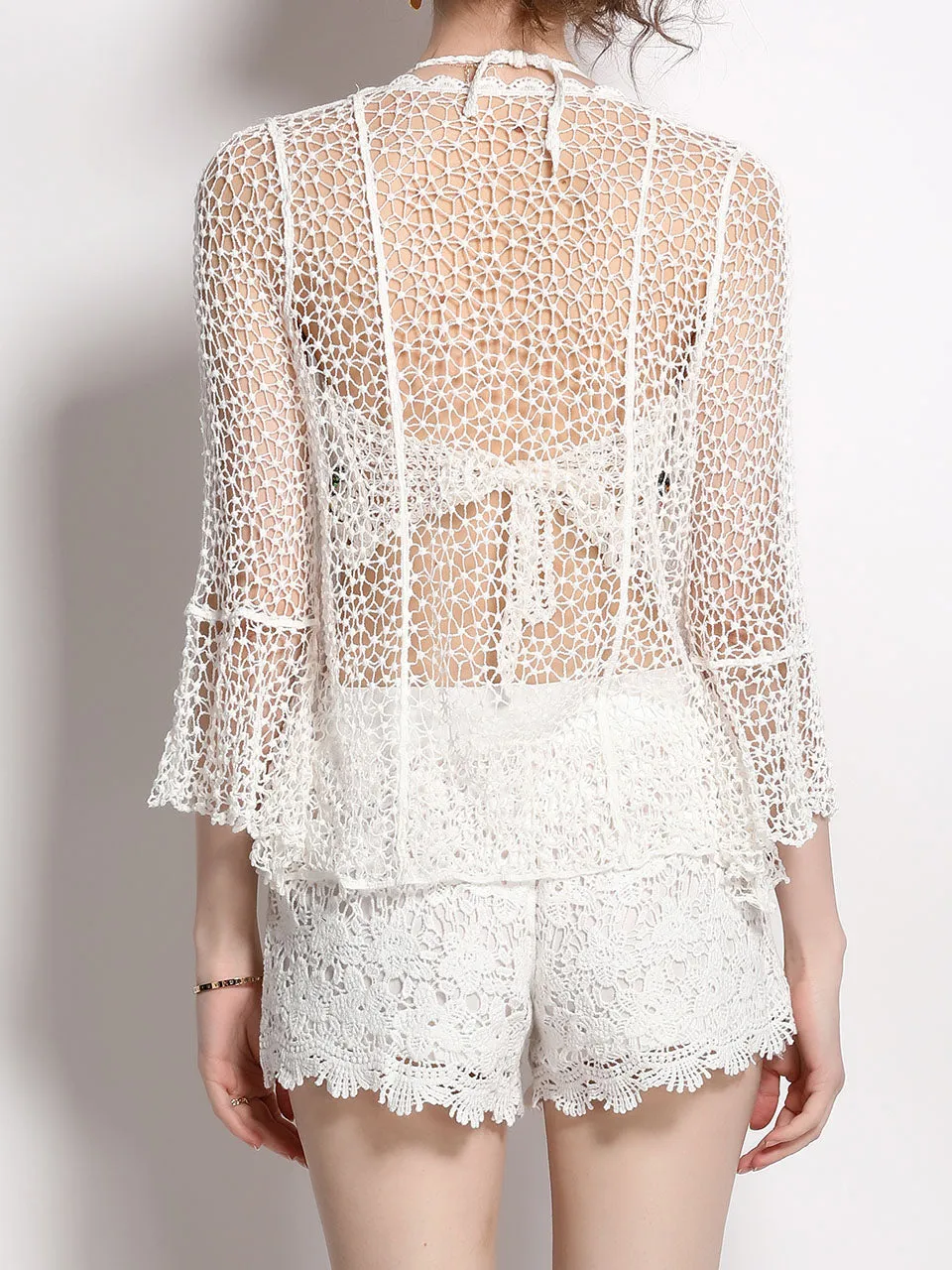 3PS Boho Style Crochet Strap Vest and Lace Shorts Cardigan Suit