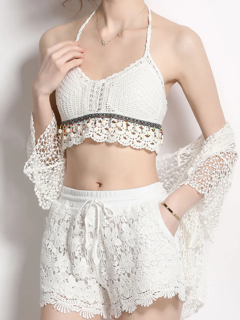 3PS Boho Style Crochet Strap Vest and Lace Shorts Cardigan Suit