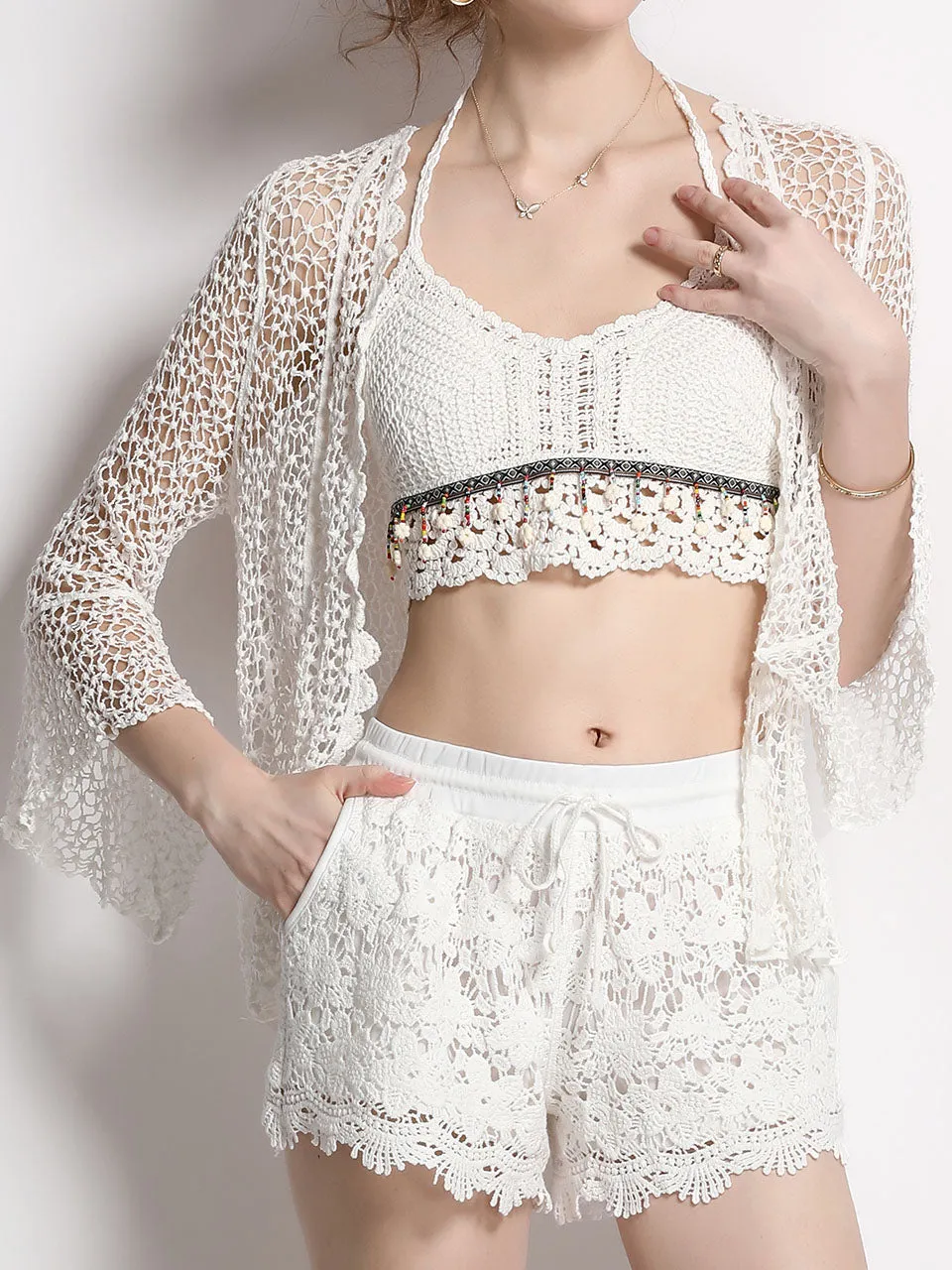 3PS Boho Style Crochet Strap Vest and Lace Shorts Cardigan Suit