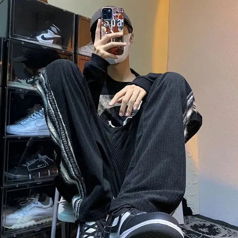 Aidase Autumn and Winter Corduroy Straight Trousers Striped Wide Leg Sweatpants for Men Goth Big Size Essential Casual Man Sports Pants