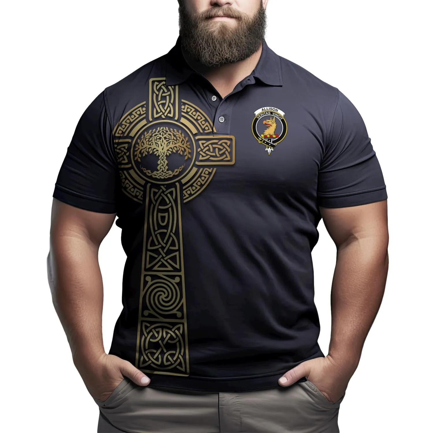 Allison Clan Polo Shirt with Golden Celtic Tree Of Life