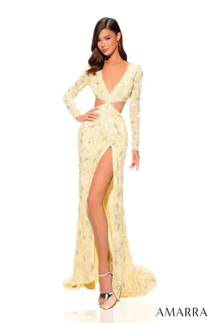 Amarra 94019 Long Prom Mermaid Dress Long Sleeve Side Cut Outs V Neck Formal Pageant Gown