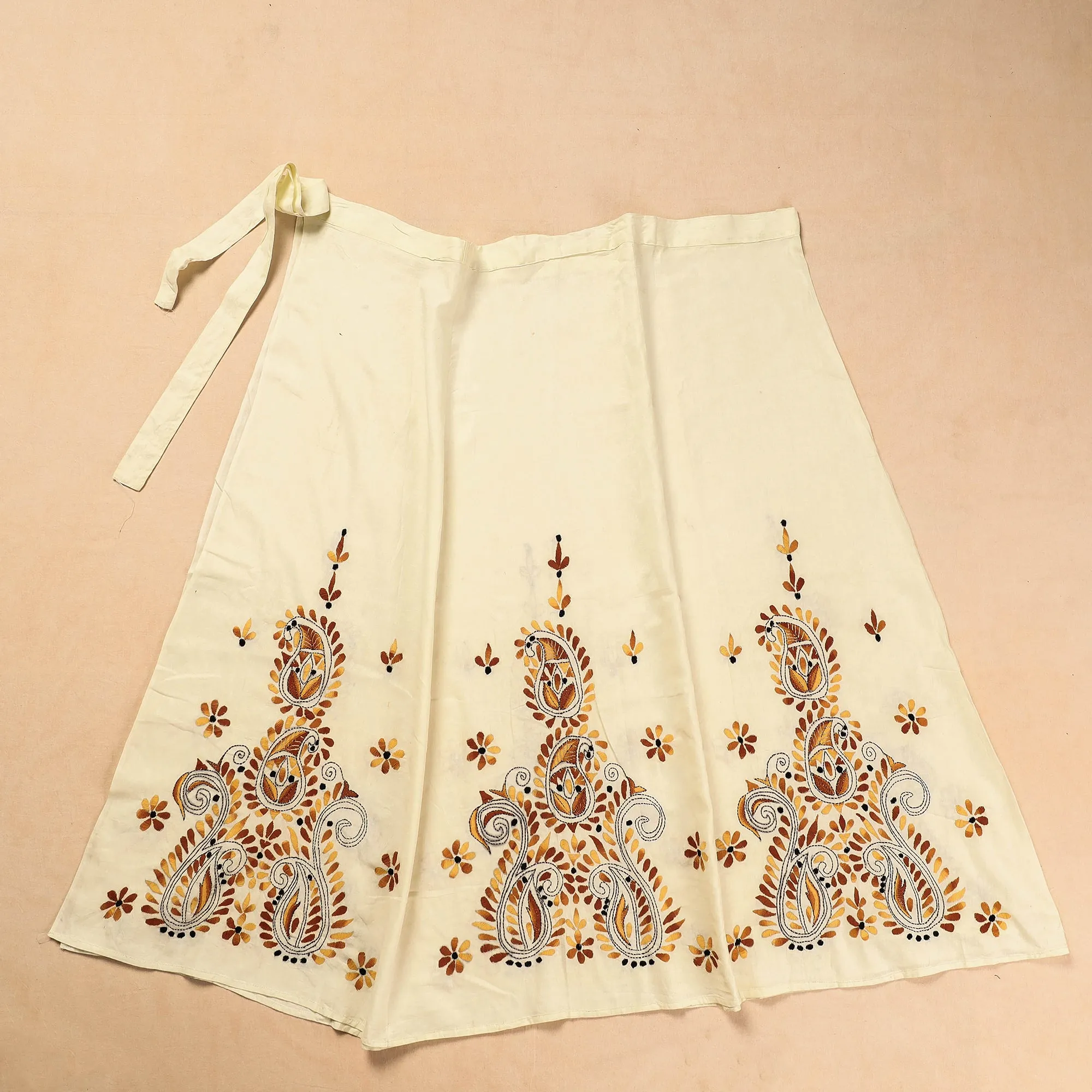 Beige - Bengal Kantha Embroidery Cotton Wrap Around Skirt