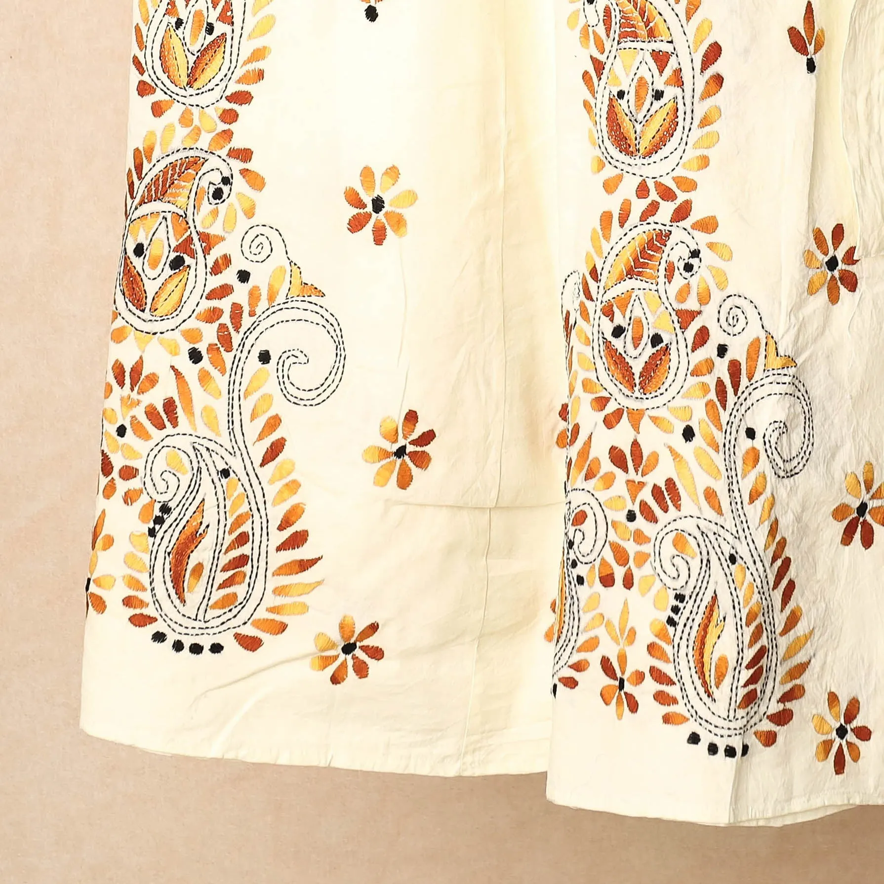 Beige - Bengal Kantha Embroidery Cotton Wrap Around Skirt