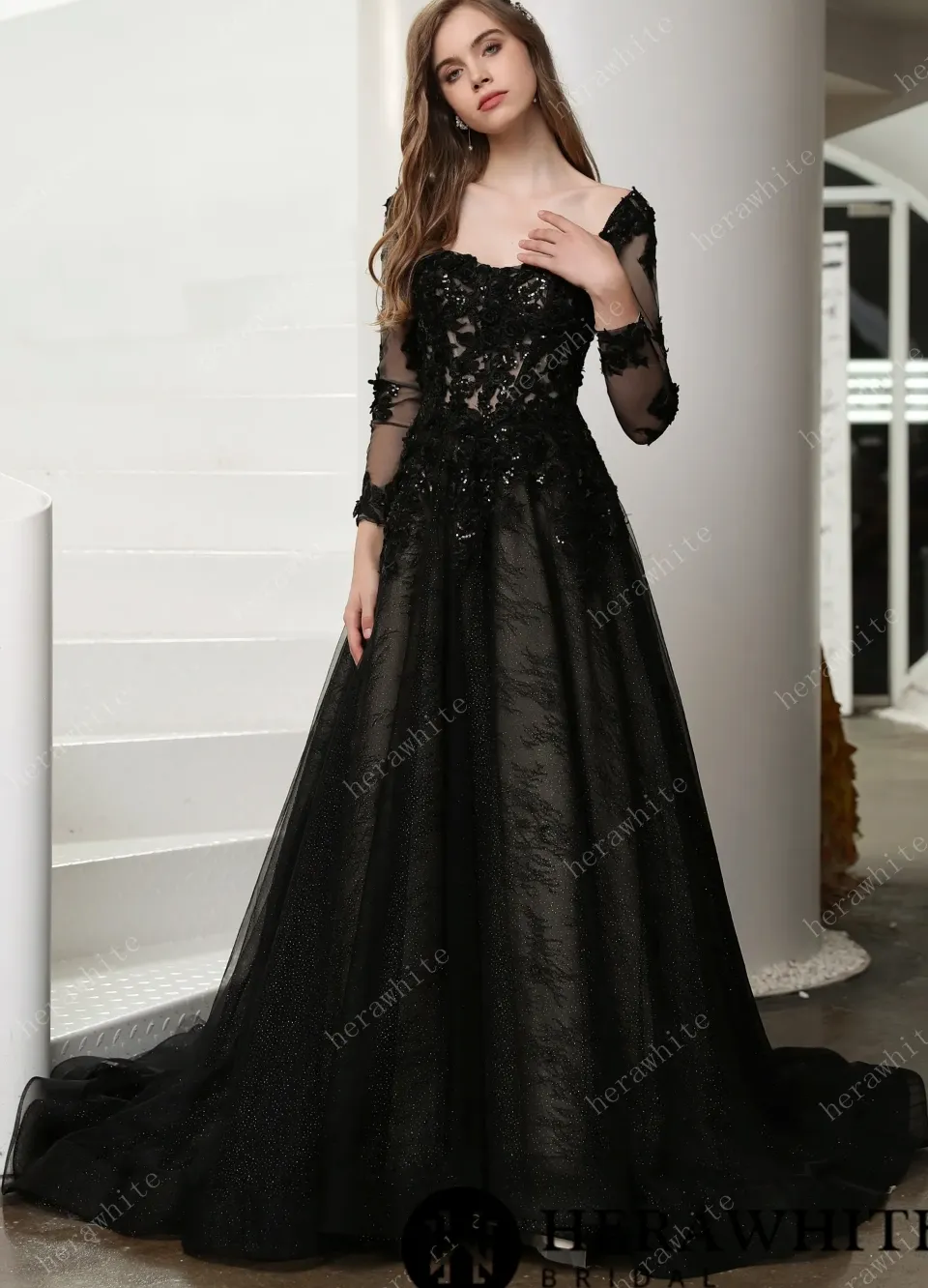 Black Illusion Lace Wedding Dress with Detachable Long Sleeves