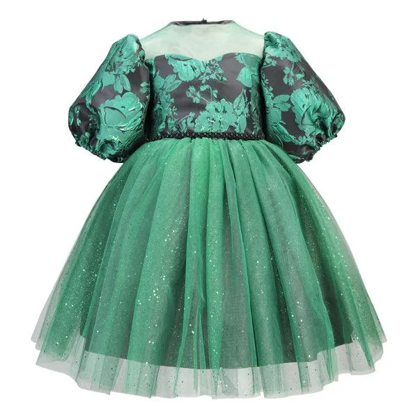 GREEN SHIMMERY DAMASK GIRLS DRESS