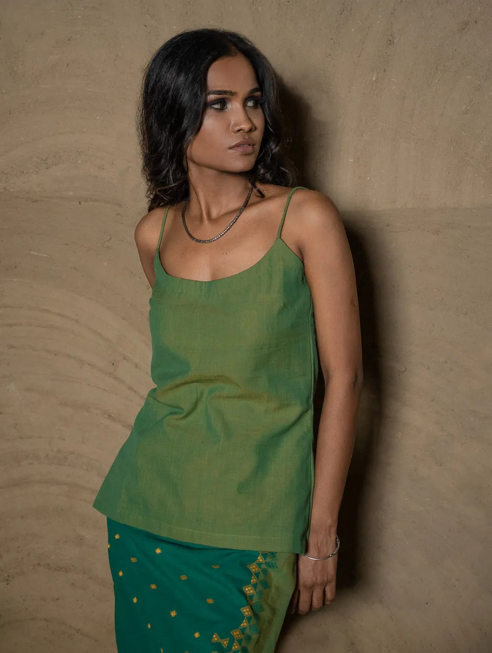 Handwoven Elegance. Kashida Pattu Cotton Wrap Skirt & Top Set - Green & Lime