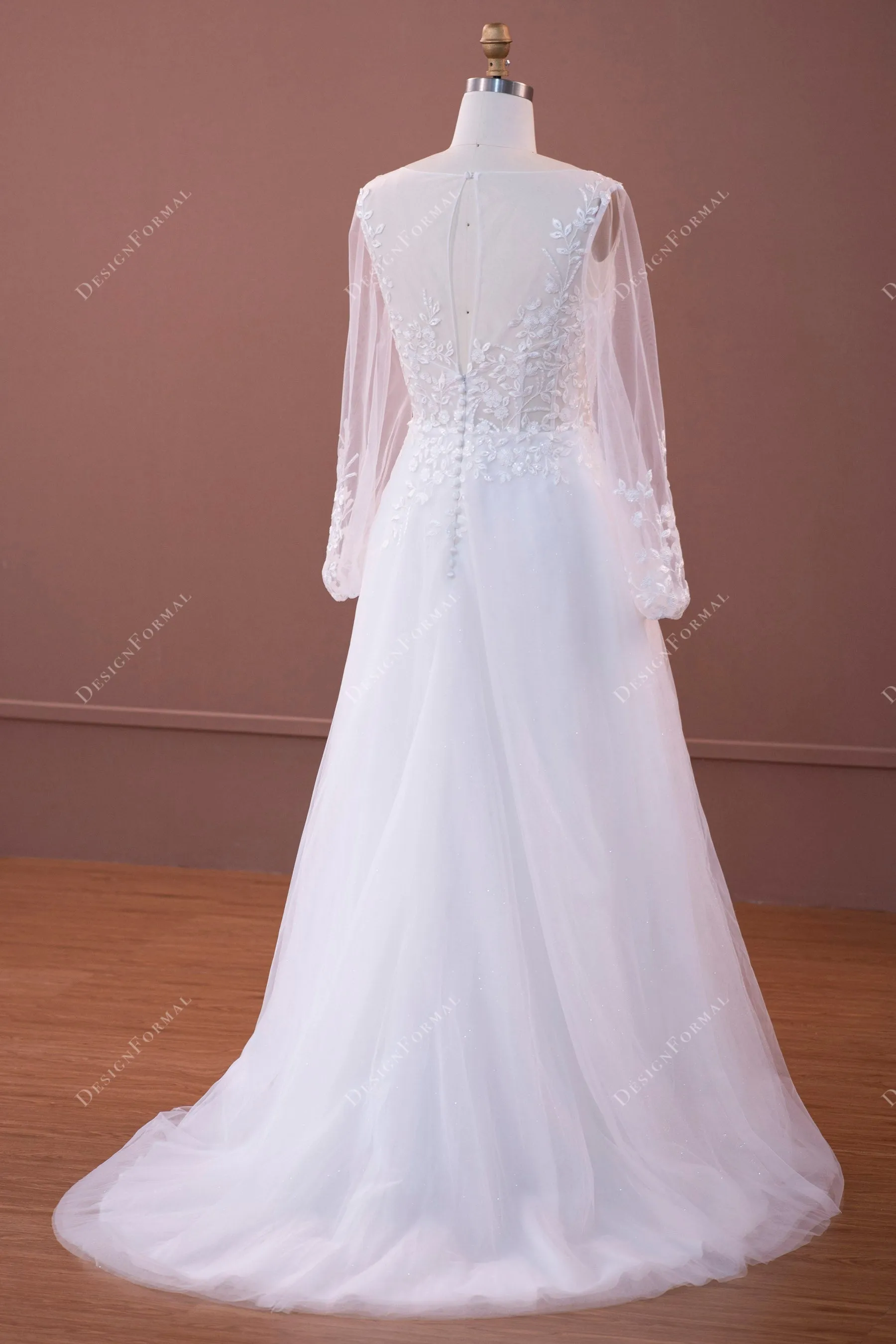 Illusion Long Sleeve Lace Shimmery Tulle Wedding Dress