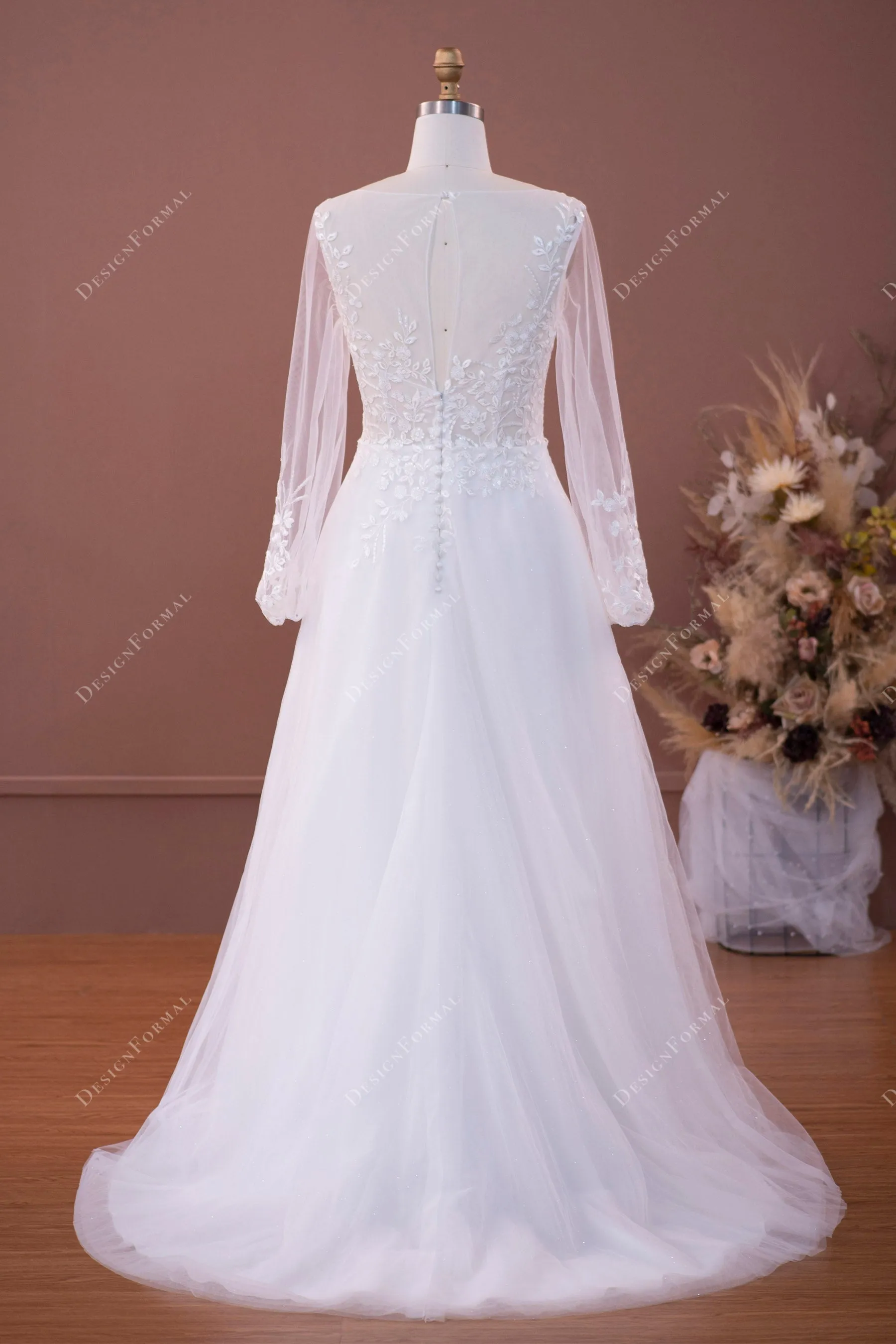 Illusion Long Sleeve Lace Shimmery Tulle Wedding Dress