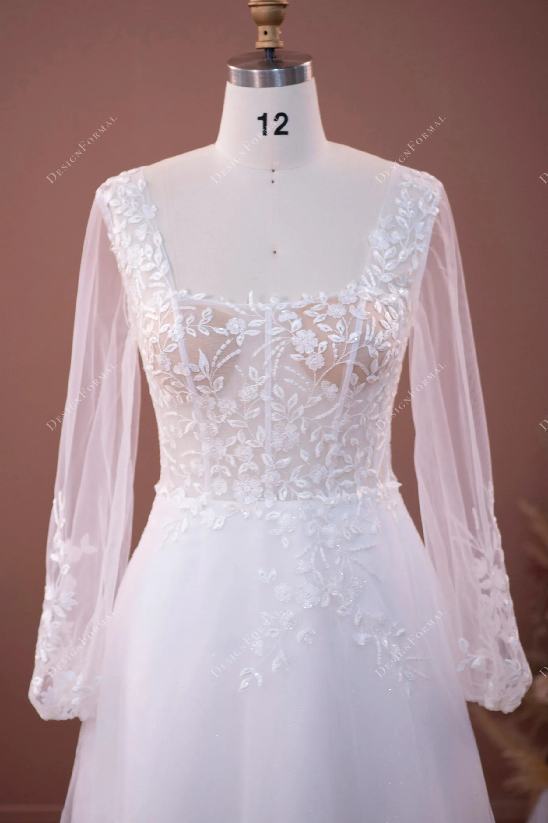 Illusion Long Sleeve Lace Shimmery Tulle Wedding Dress