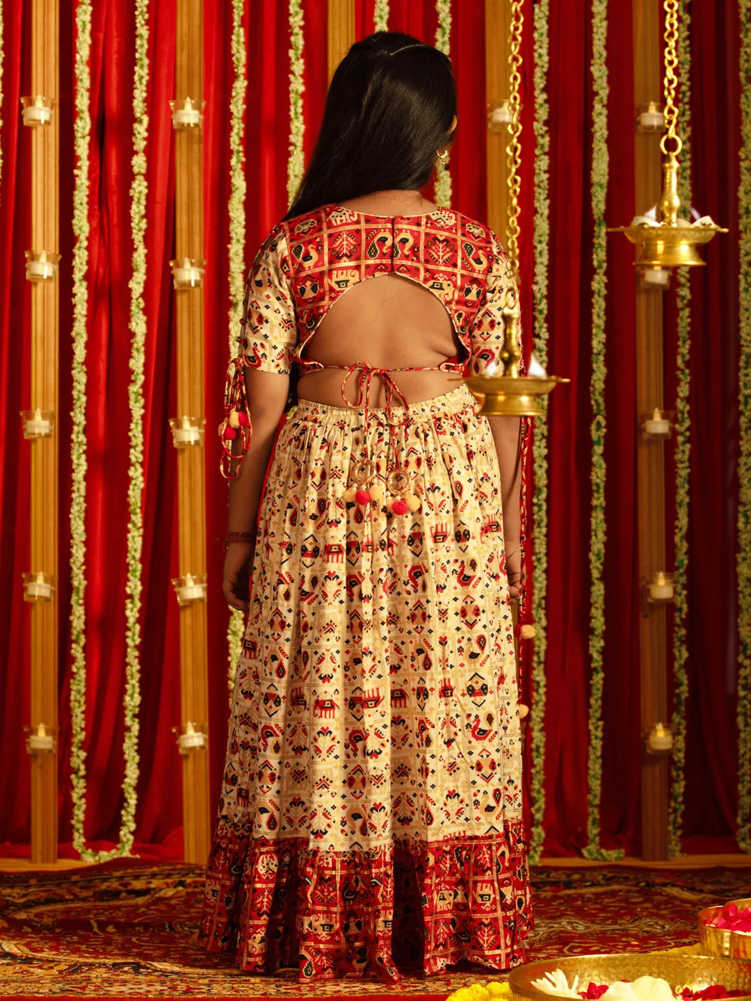 Jashvi Red And Cream Patola Siblings Matching Set