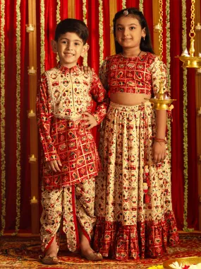 Jashvi Red And Cream Patola Siblings Matching Set