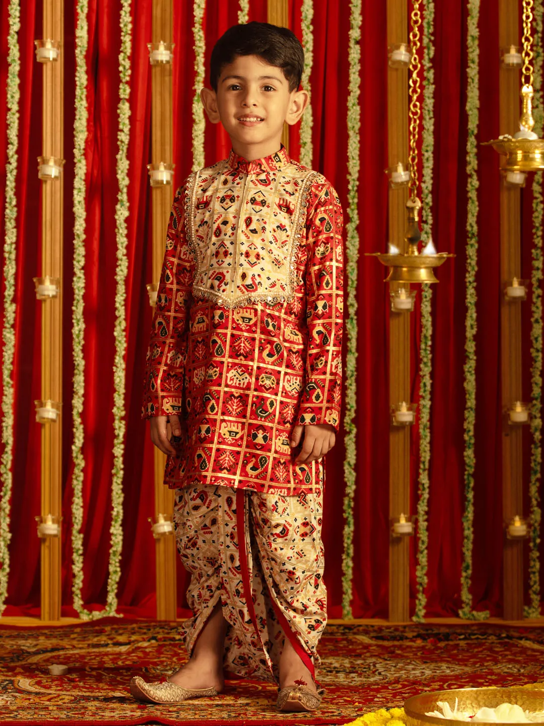 Jashvi Red And Cream Patola Siblings Matching Set