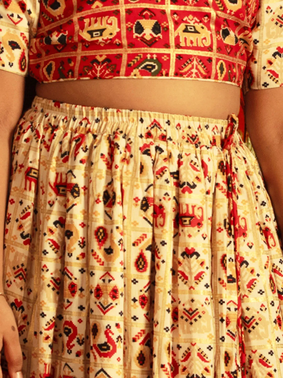 Jashvi Red And Cream Patola Siblings Matching Set