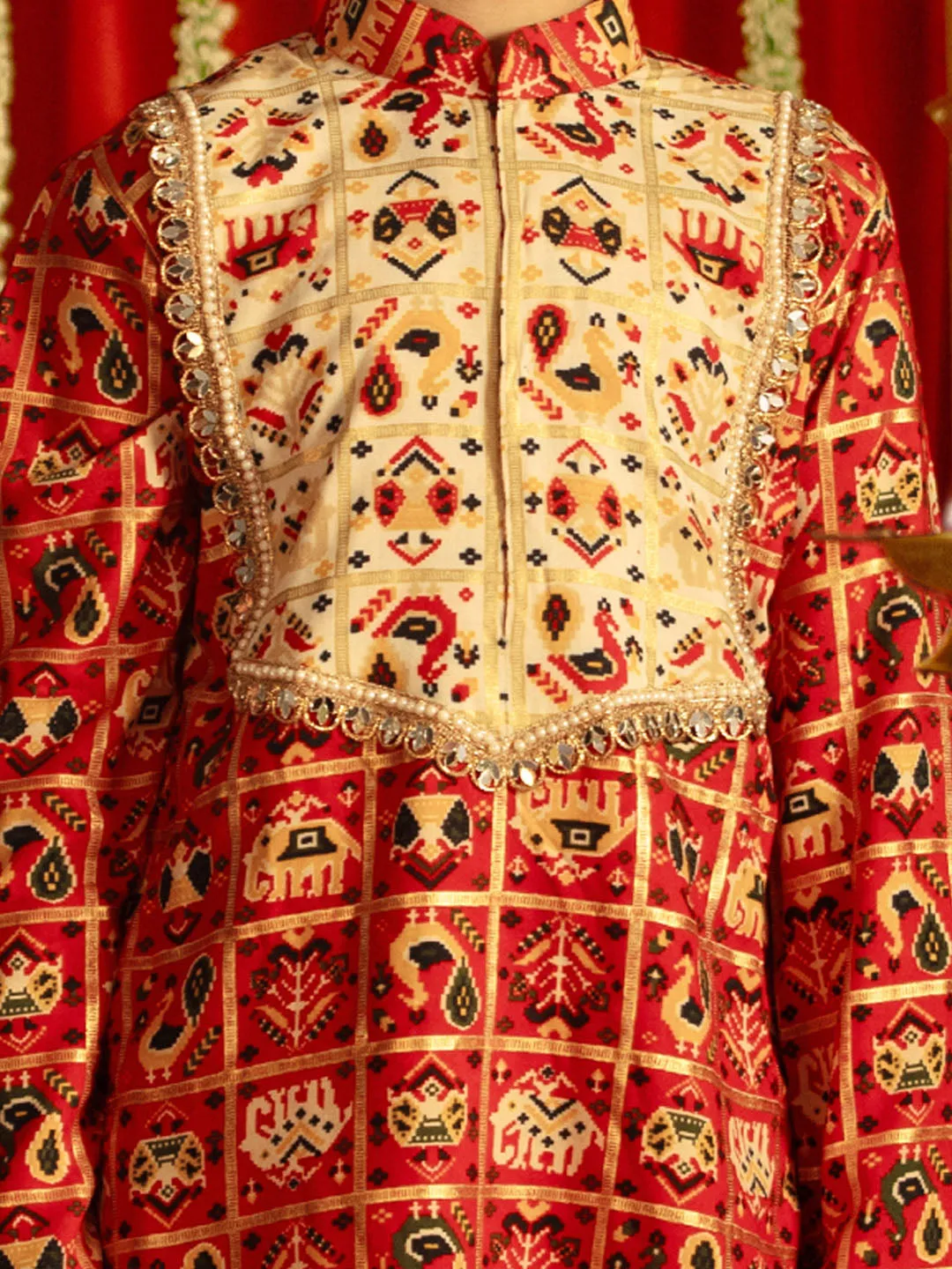 Jashvi Red And Cream Patola Siblings Matching Set