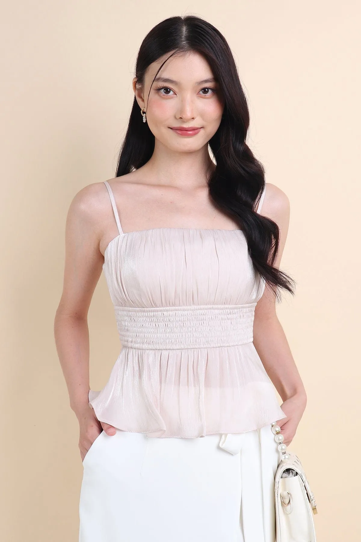 LILIBET PADDED RUCHED TOP IN CHAMPAGNE BEIGE