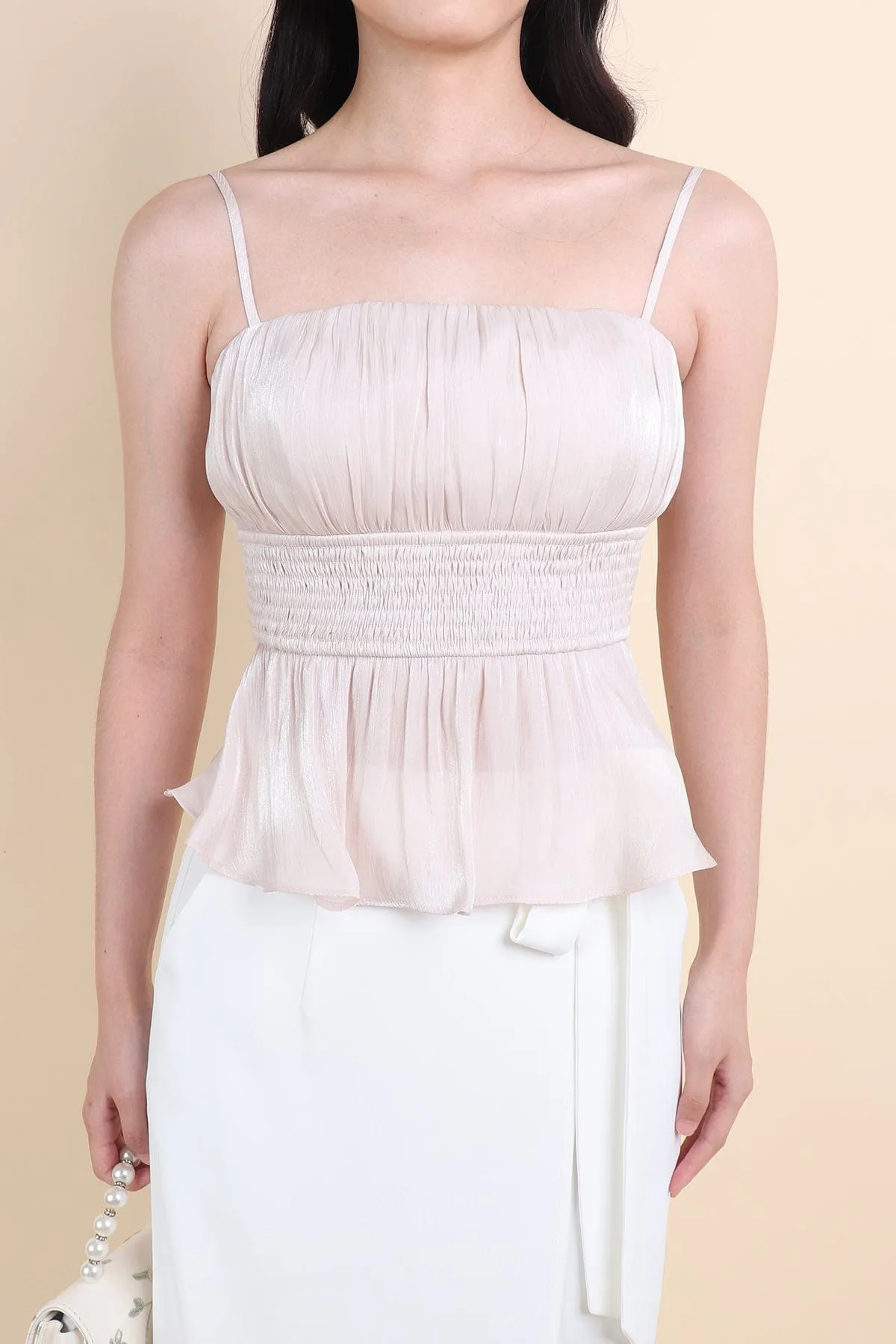 LILIBET PADDED RUCHED TOP IN CHAMPAGNE BEIGE