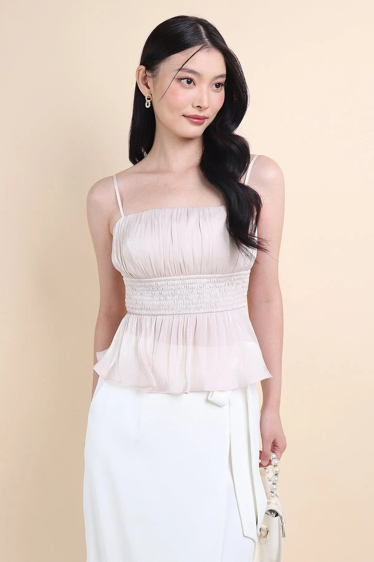 LILIBET PADDED RUCHED TOP IN CHAMPAGNE BEIGE