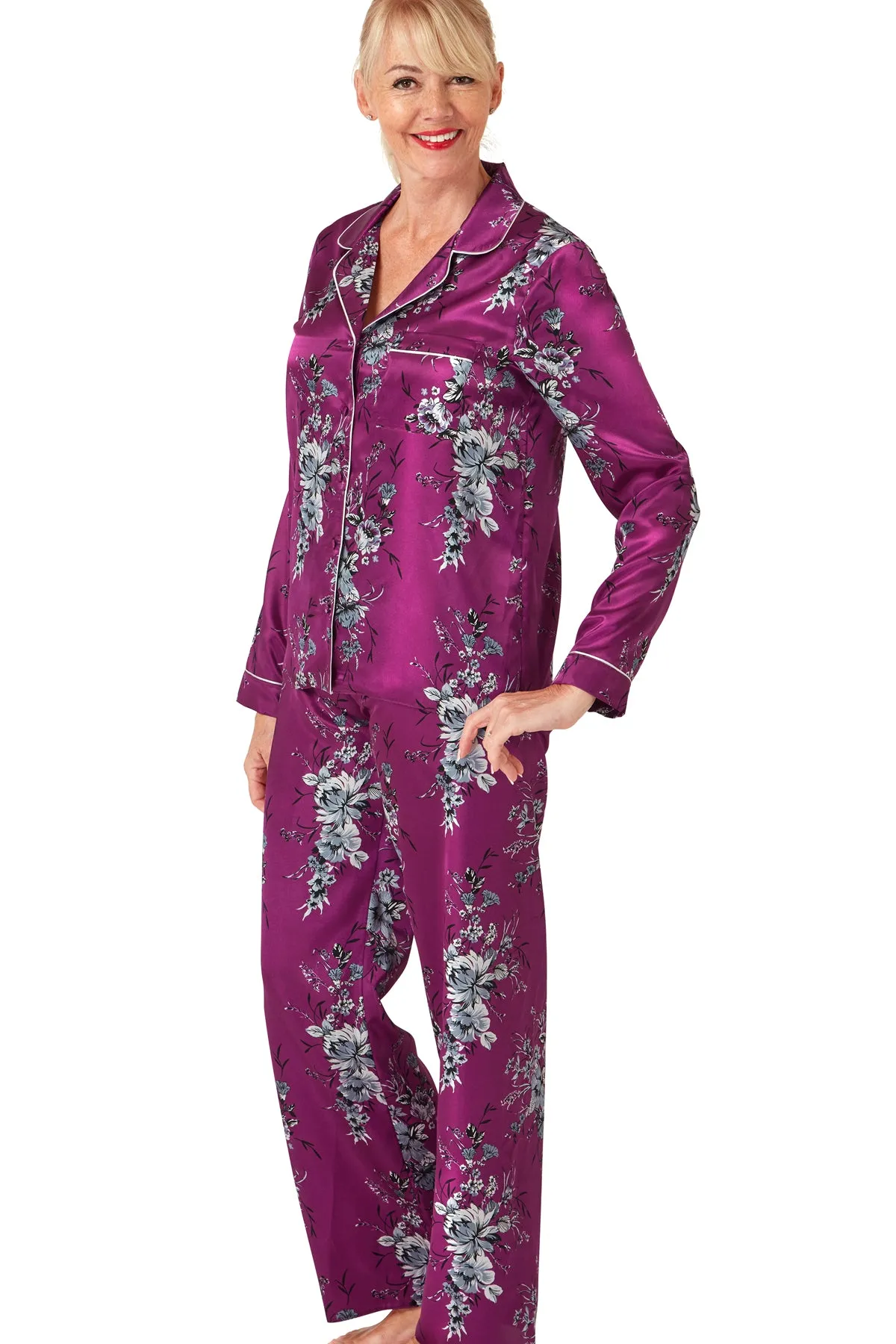 Monica Floral Print  Satin  Revere Collar Pyjama