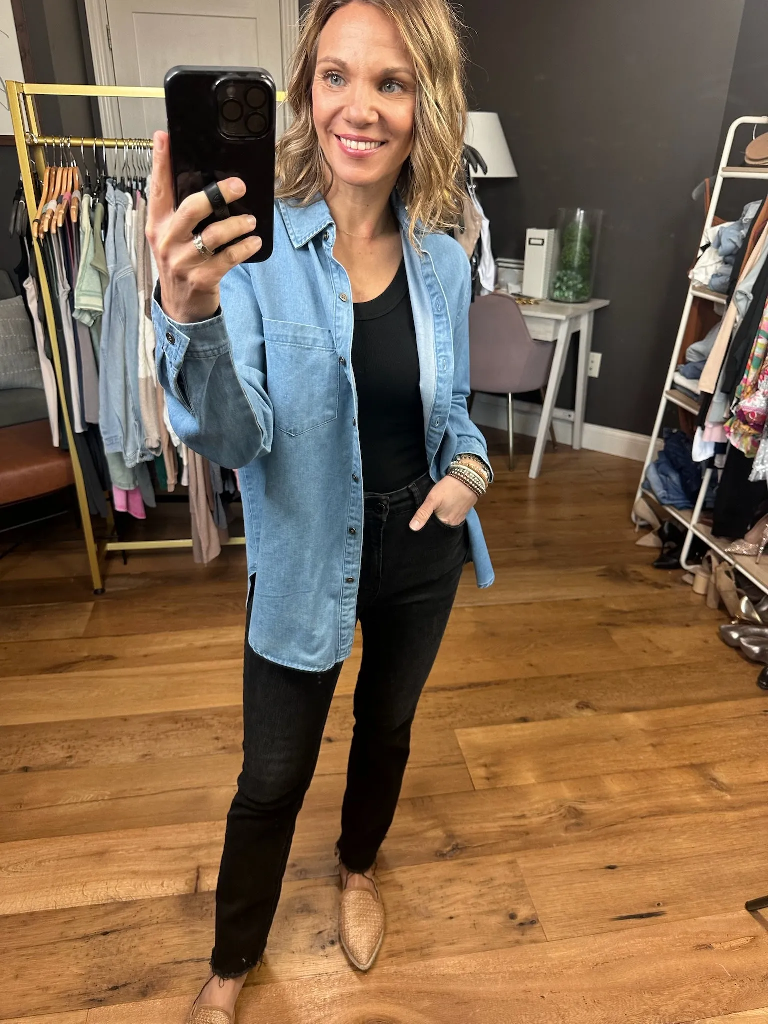 Not Giving Up Tencel Button-Down Top - Medium Wash