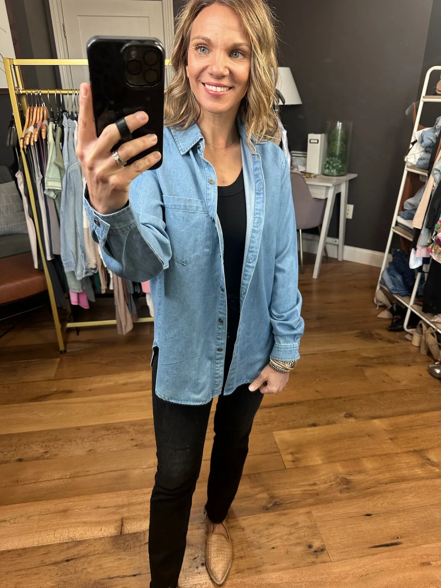 Not Giving Up Tencel Button-Down Top - Medium Wash