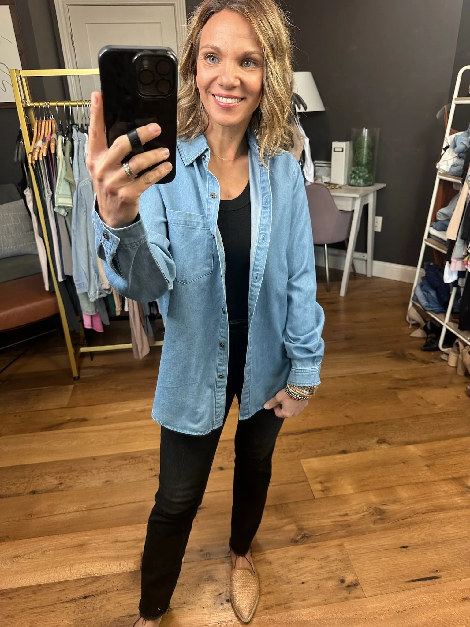 Not Giving Up Tencel Button-Down Top - Medium Wash
