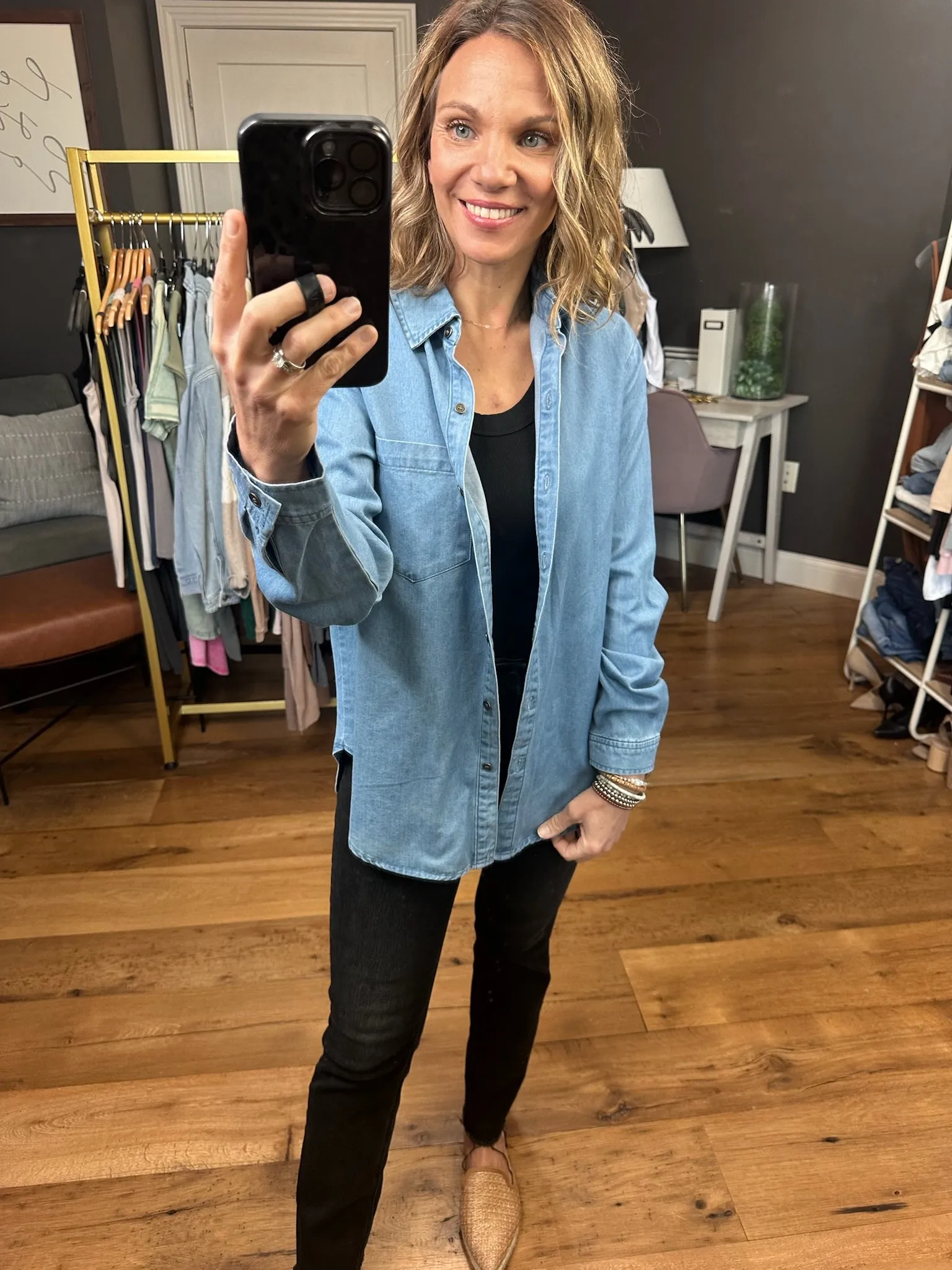 Not Giving Up Tencel Button-Down Top - Medium Wash