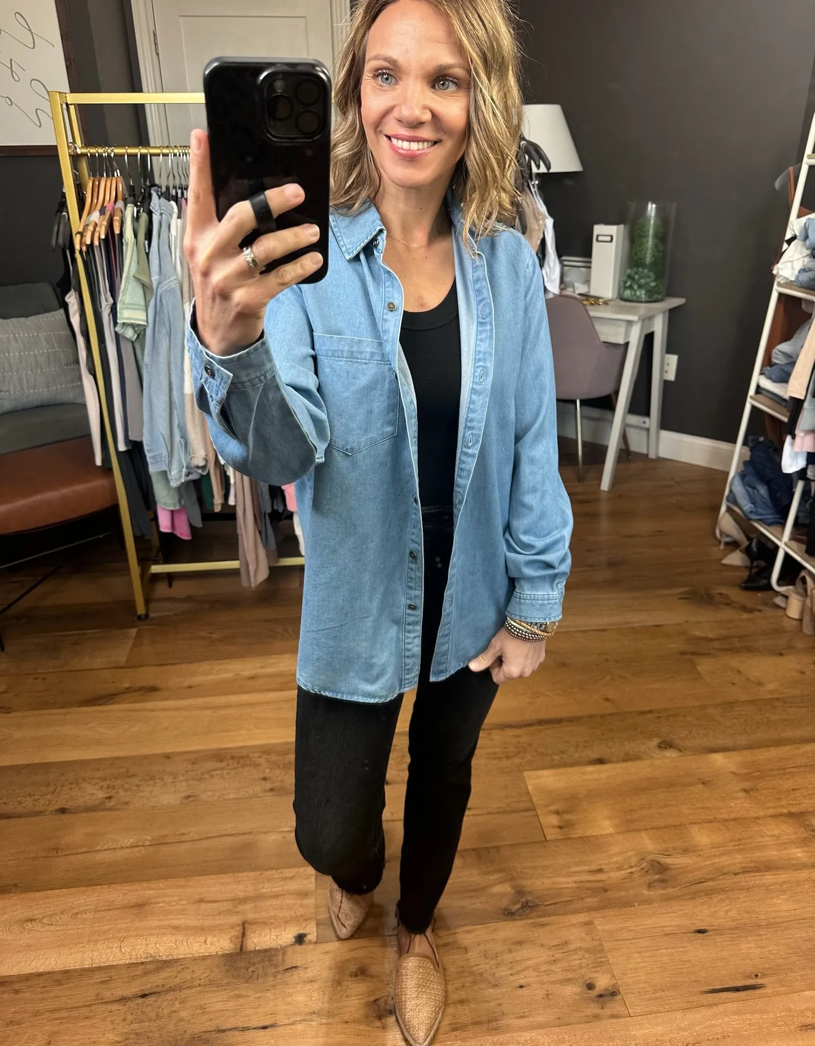 Not Giving Up Tencel Button-Down Top - Medium Wash