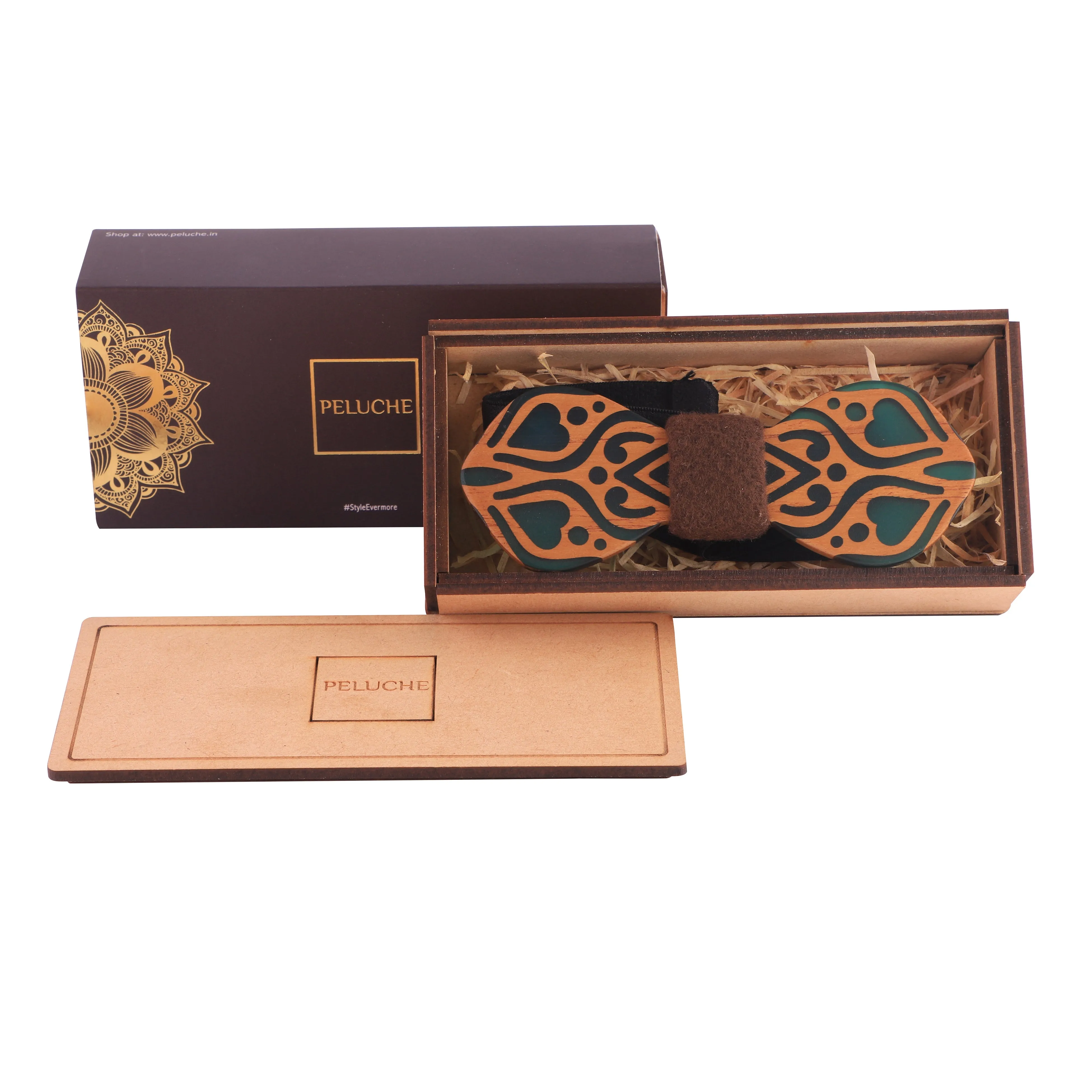 Peluche Handcrafted Green And Brown Wooden Bow Tie For Men
