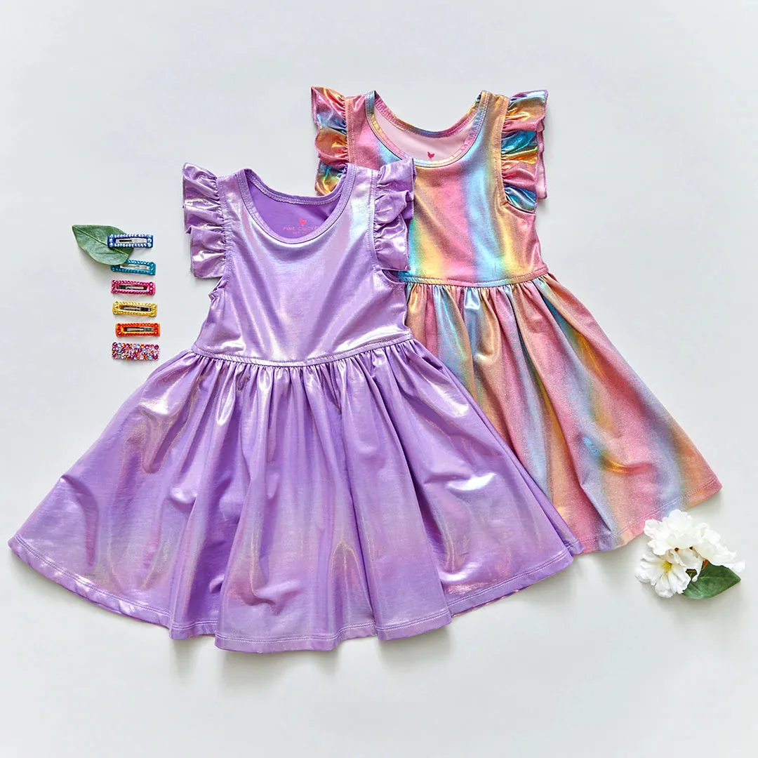 Pink Chicken Ruffle Steph Dress - Rainbow Lame