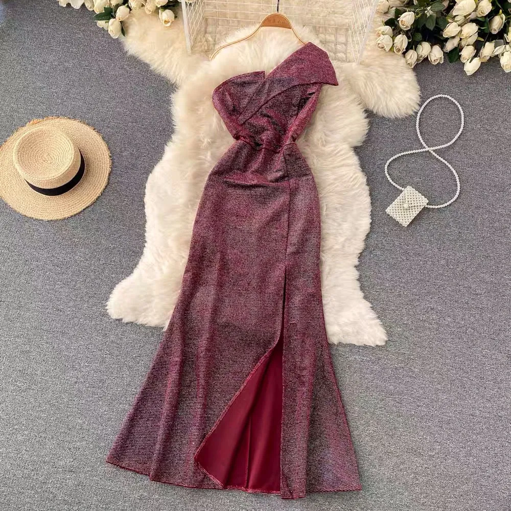Roxy One Shoulder Slit Shimmery Dress