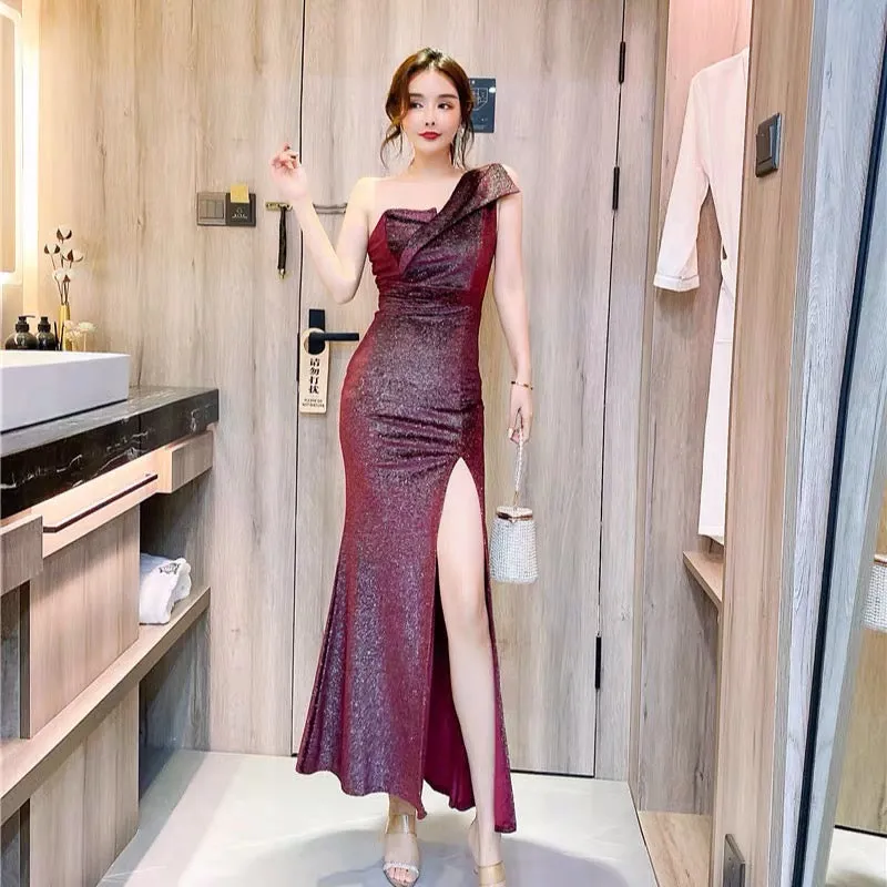 Roxy One Shoulder Slit Shimmery Dress