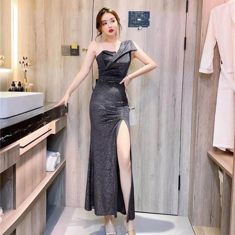 Roxy One Shoulder Slit Shimmery Dress