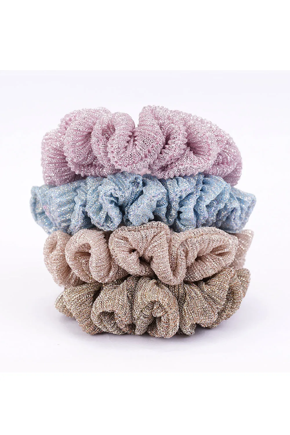 Shimmer Lycra Scrunchies - Set Of 4 - (Purple, Blue, Brown)