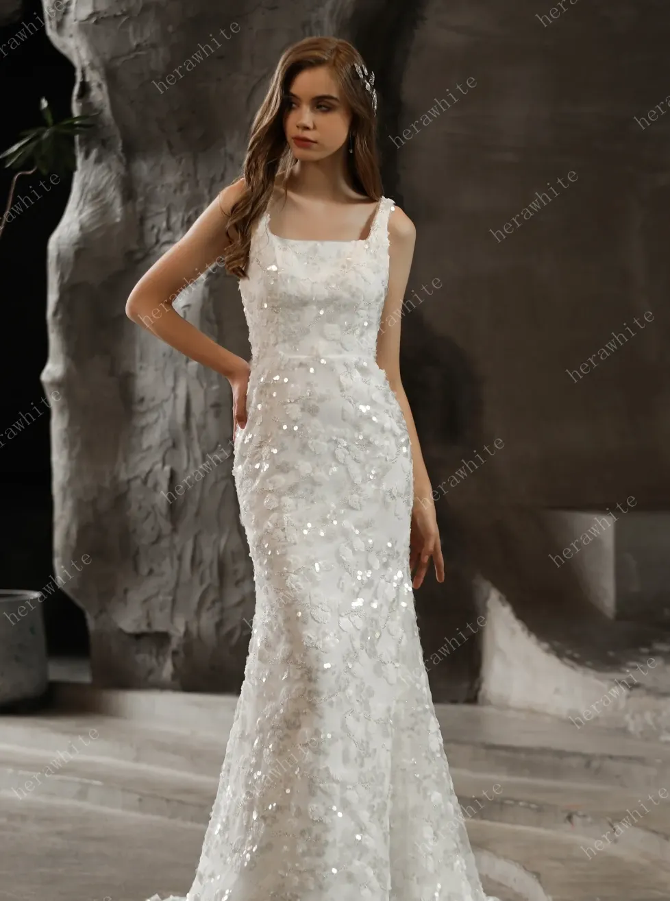 Shimmery Sequined Lace Square Neckline Wedding Dress