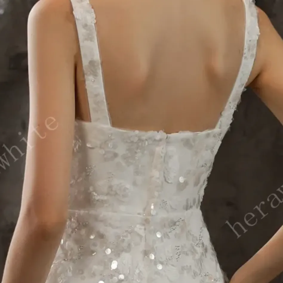 Shimmery Sequined Lace Square Neckline Wedding Dress