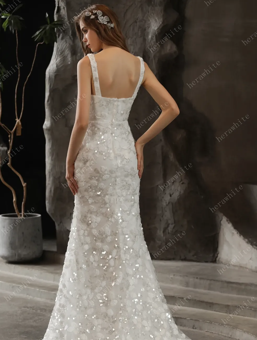 Shimmery Sequined Lace Square Neckline Wedding Dress