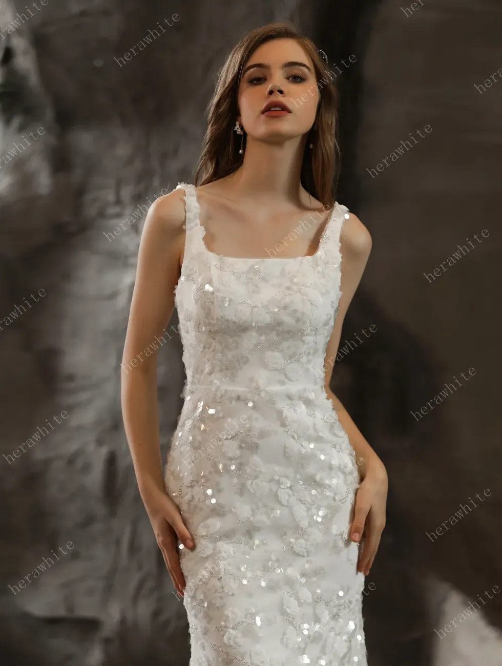 Shimmery Sequined Lace Square Neckline Wedding Dress