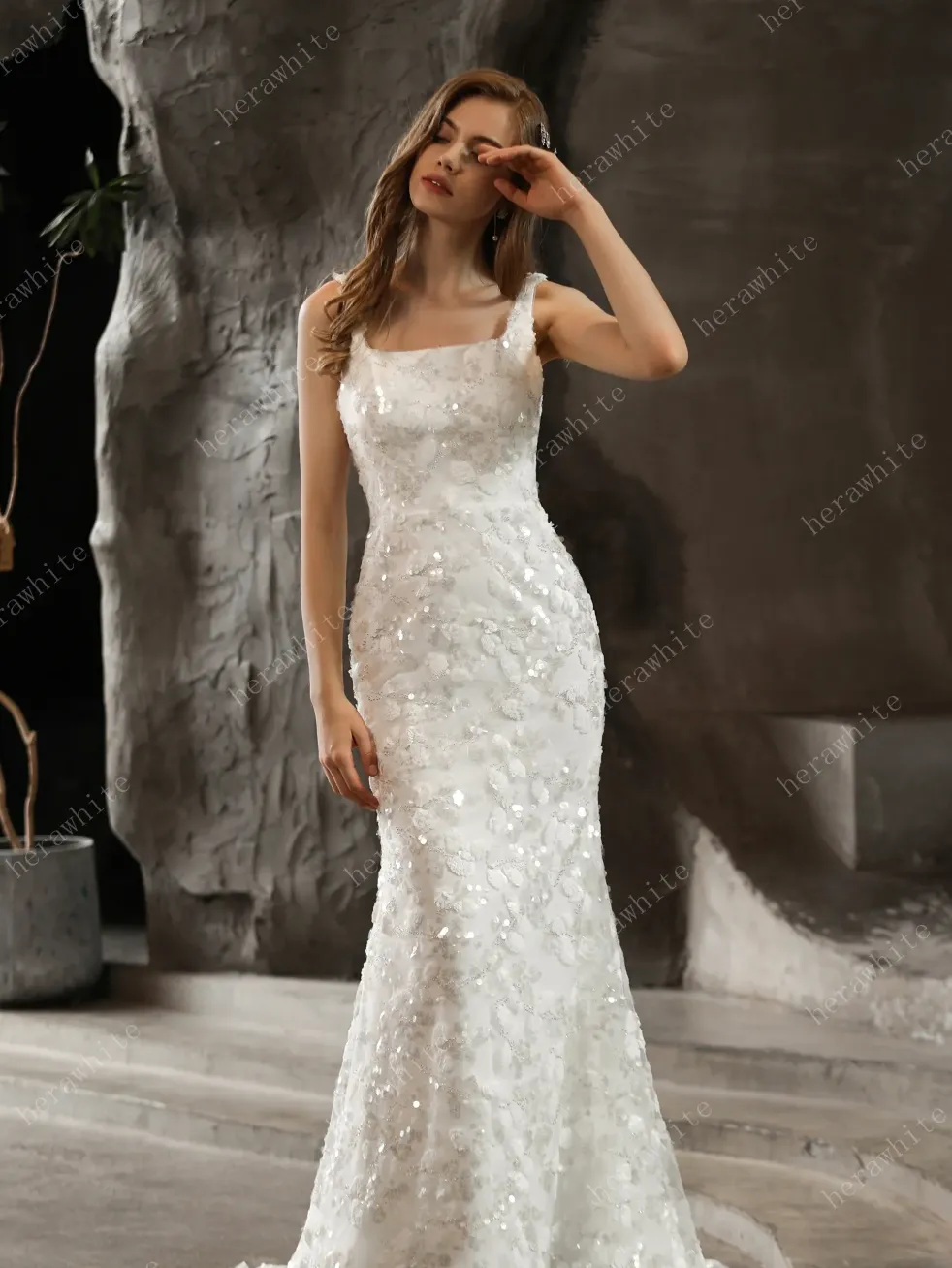Shimmery Sequined Lace Square Neckline Wedding Dress