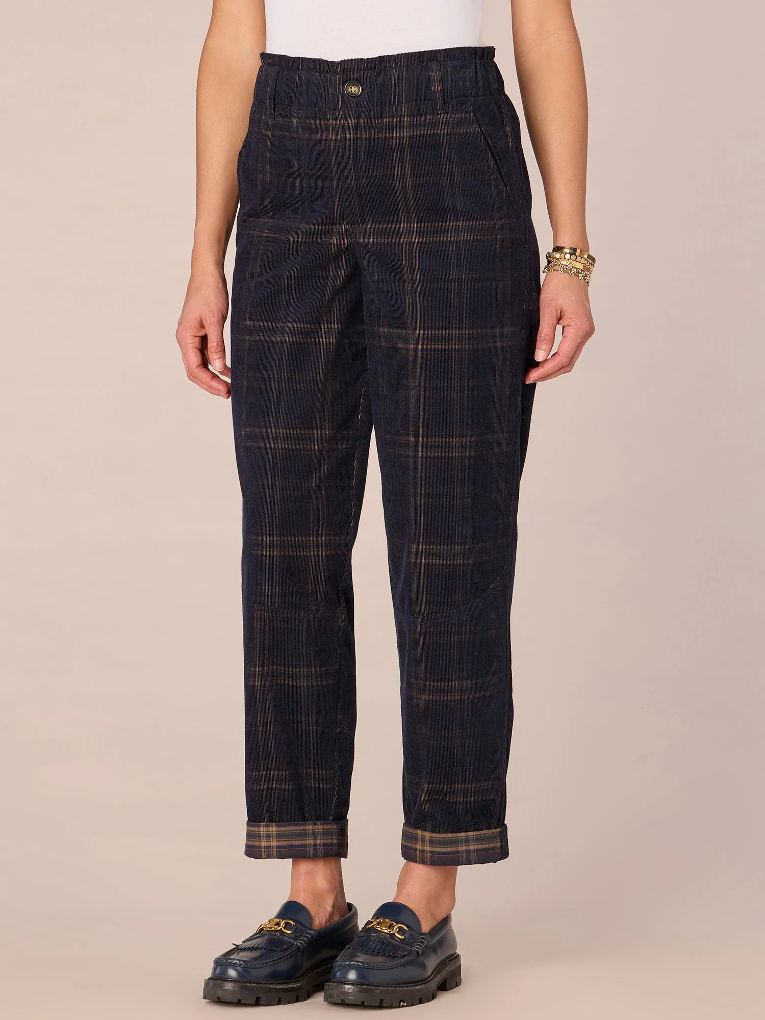 Skyrise Paper Bag Waist Roll Cuff Plaid Barrel Leg Pant