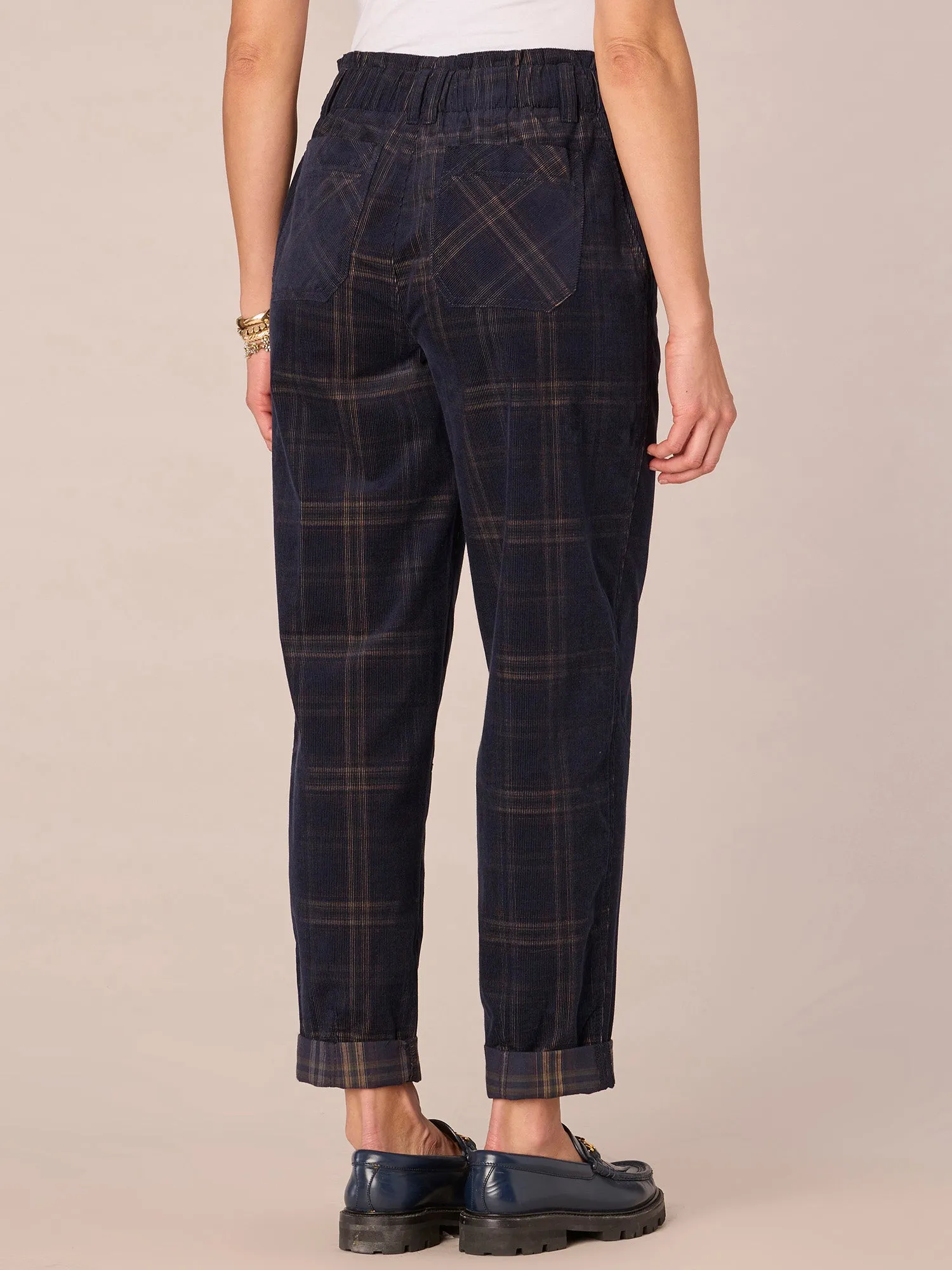 Skyrise Paper Bag Waist Roll Cuff Plaid Barrel Leg Pant