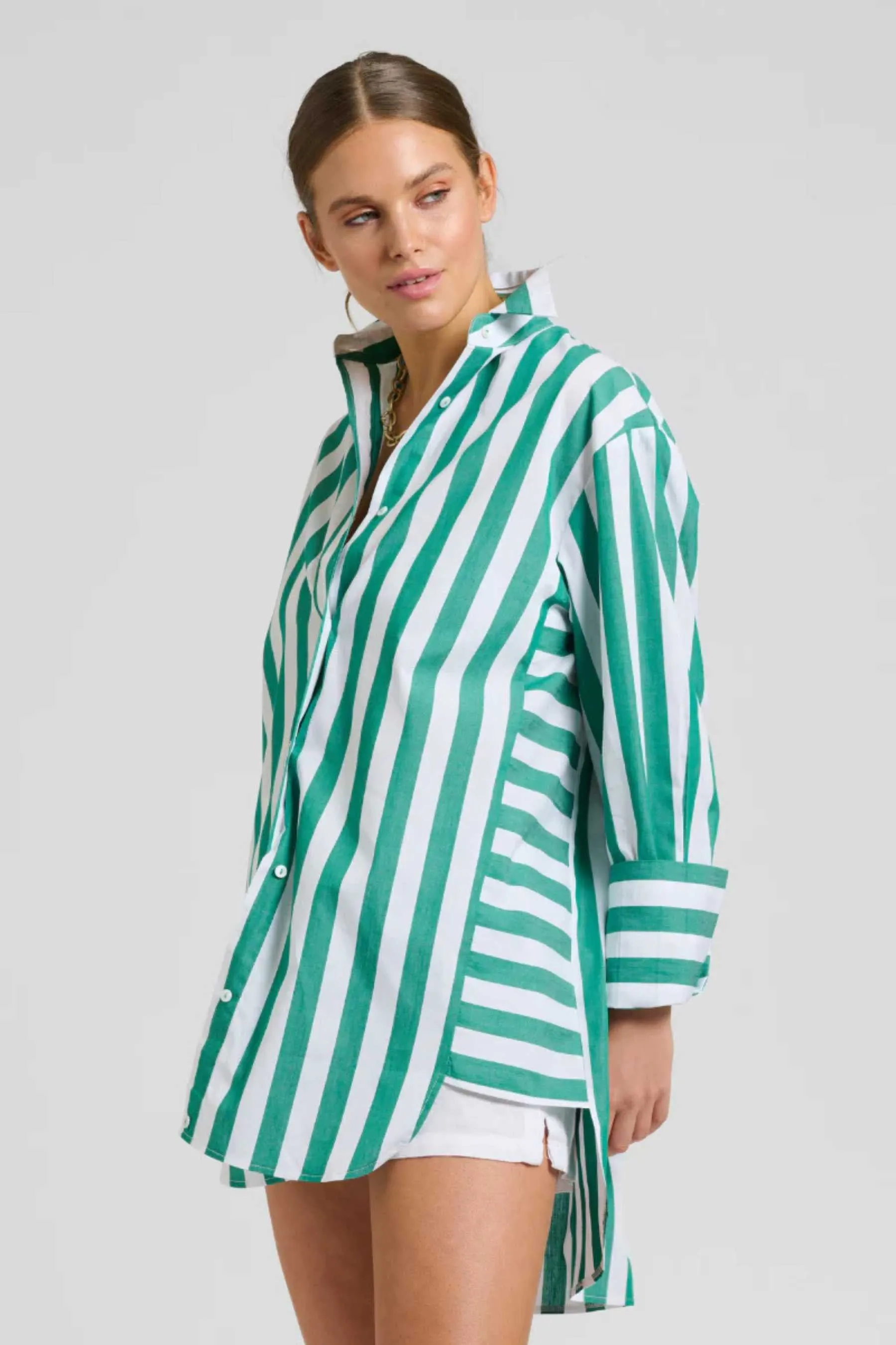 The Andrea Oversized Boyfriend Shirt | Green Wide Stripe