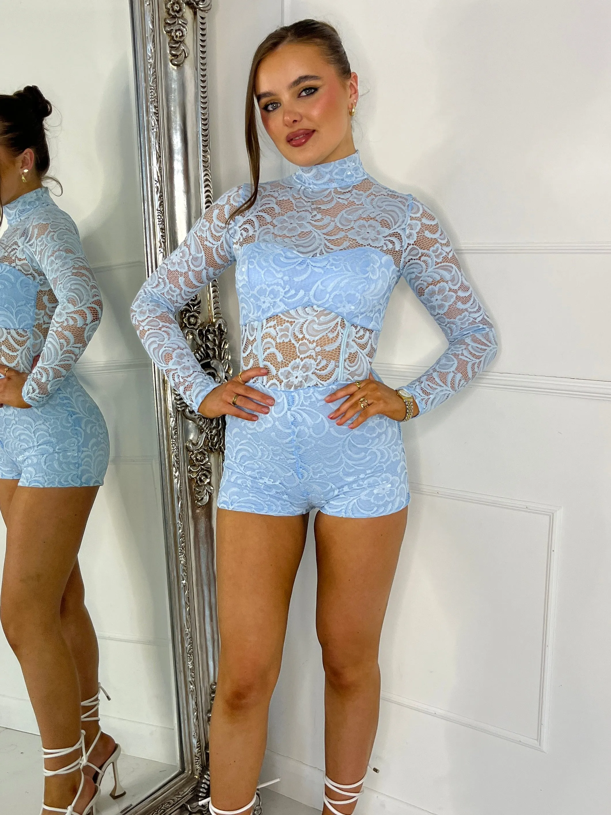 Underlayer Detail Lace Playsuit - Baby Blue