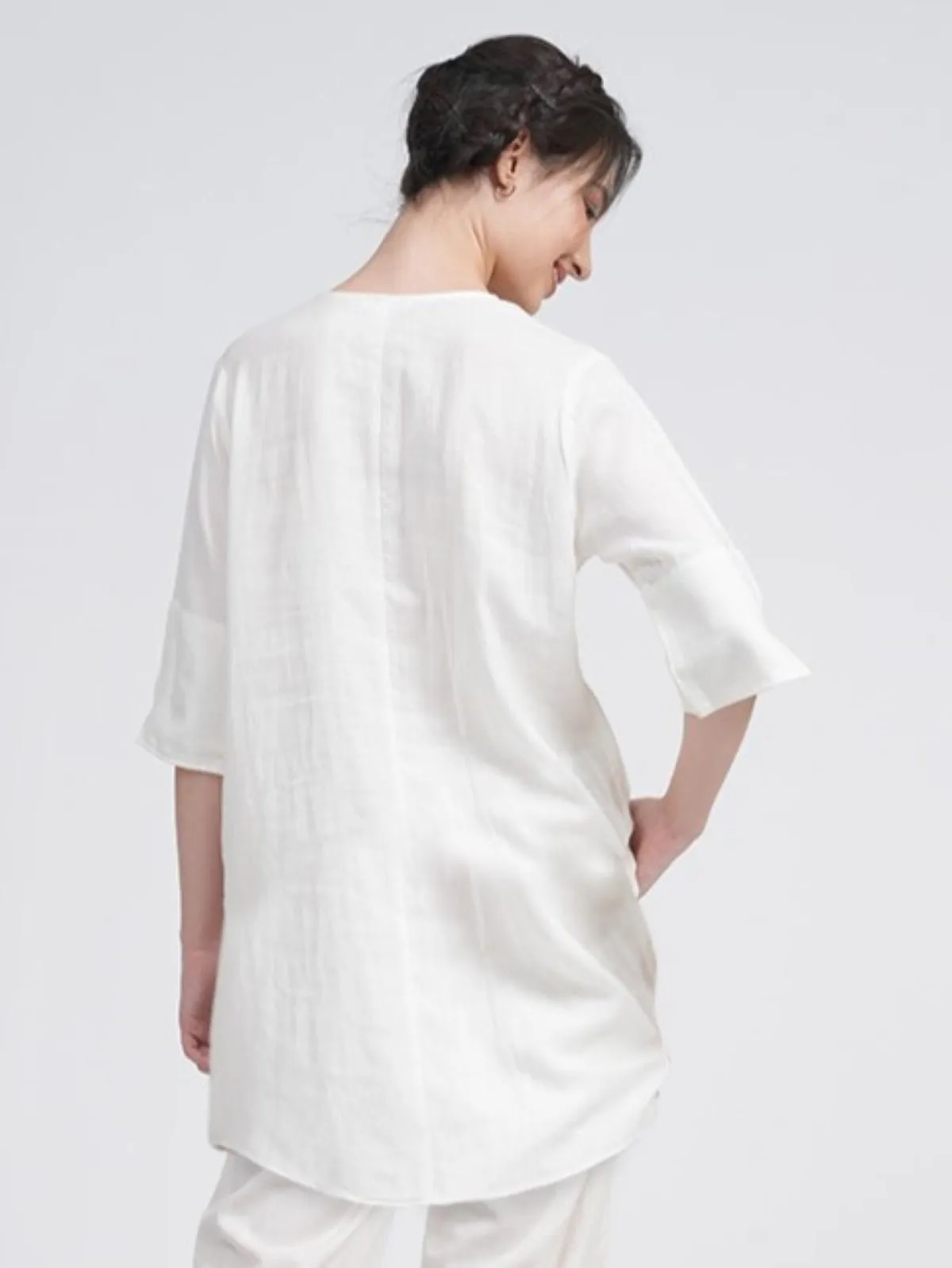 Women Linen Solid Split V Neck Tunic Top