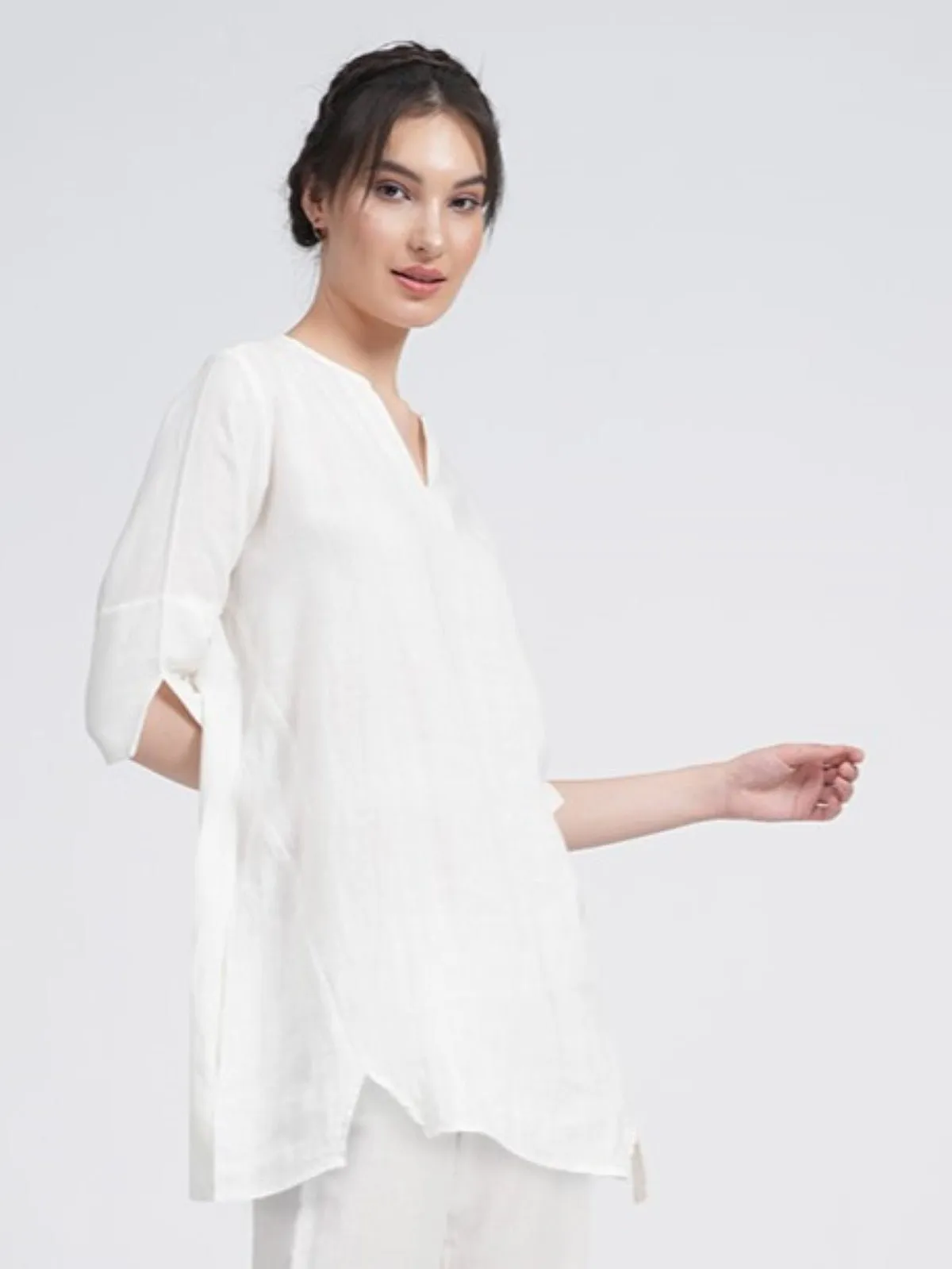 Women Linen Solid Split V Neck Tunic Top