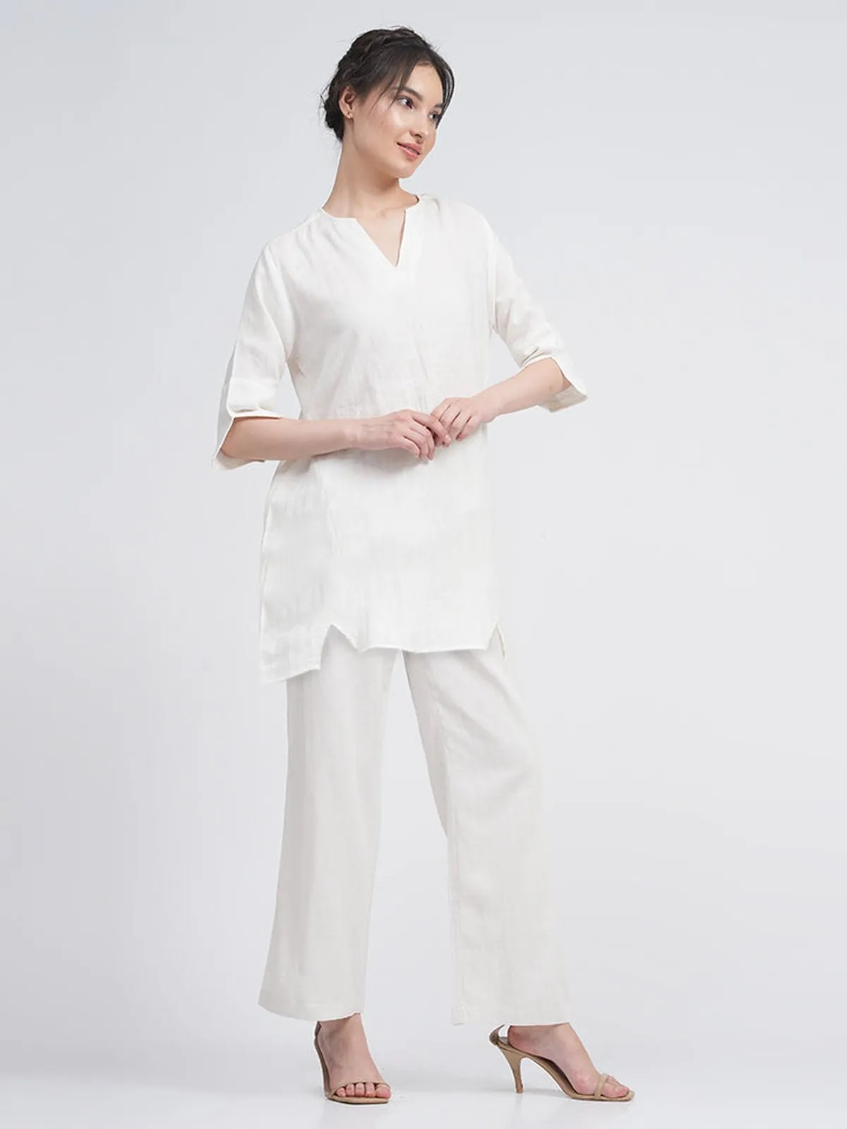 Women Linen Solid Split V Neck Tunic Top
