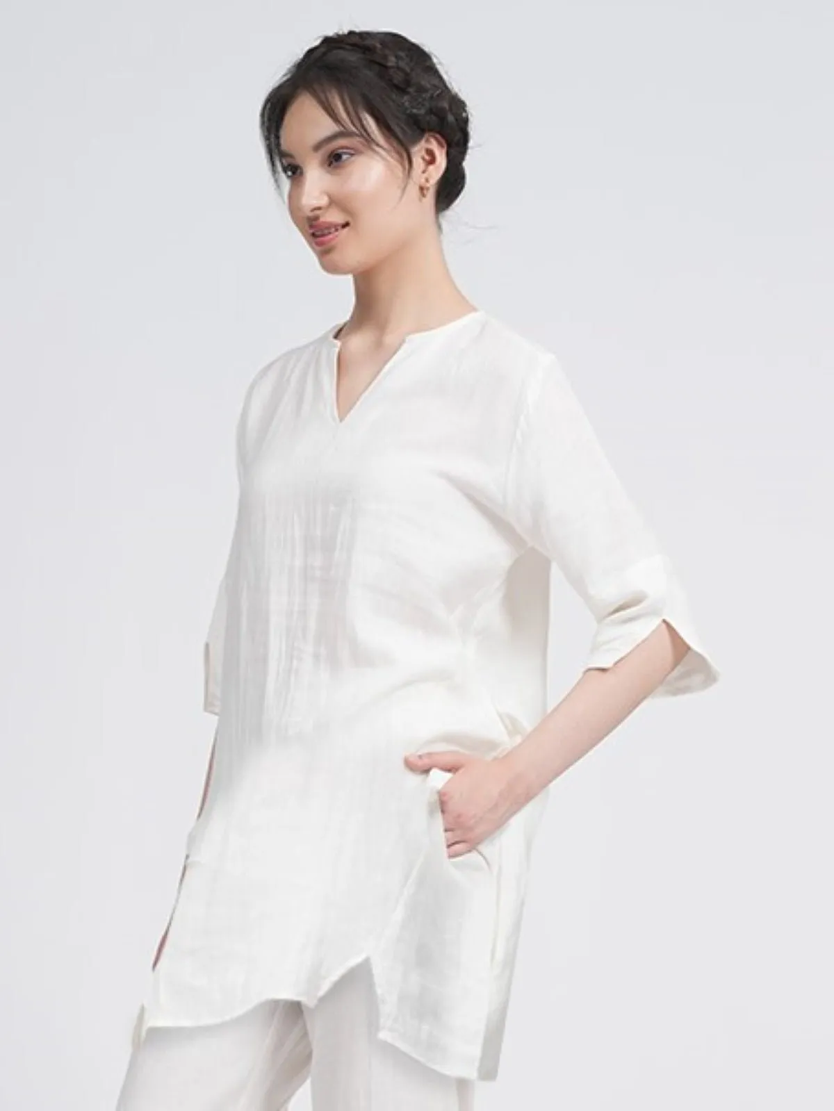 Women Linen Solid Split V Neck Tunic Top