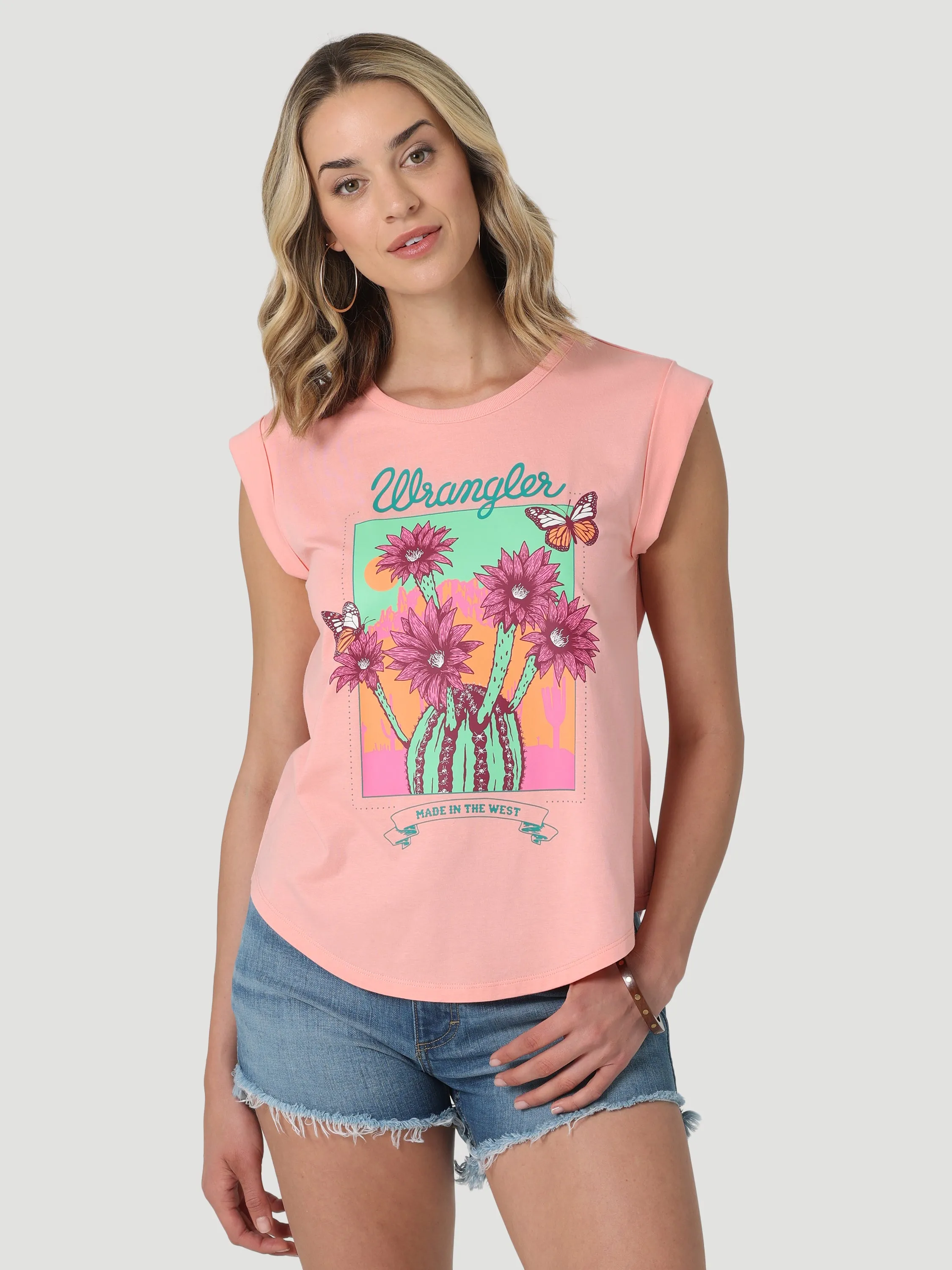 Wrangler Women's Flowering Cactus Cuffed Tank Top in Peach