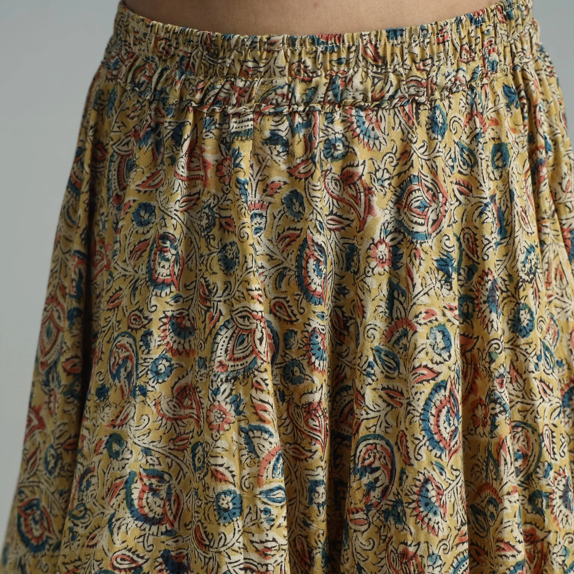 Yellow - Hand Block Printed Cotton Long Kalamkari Skirt 02