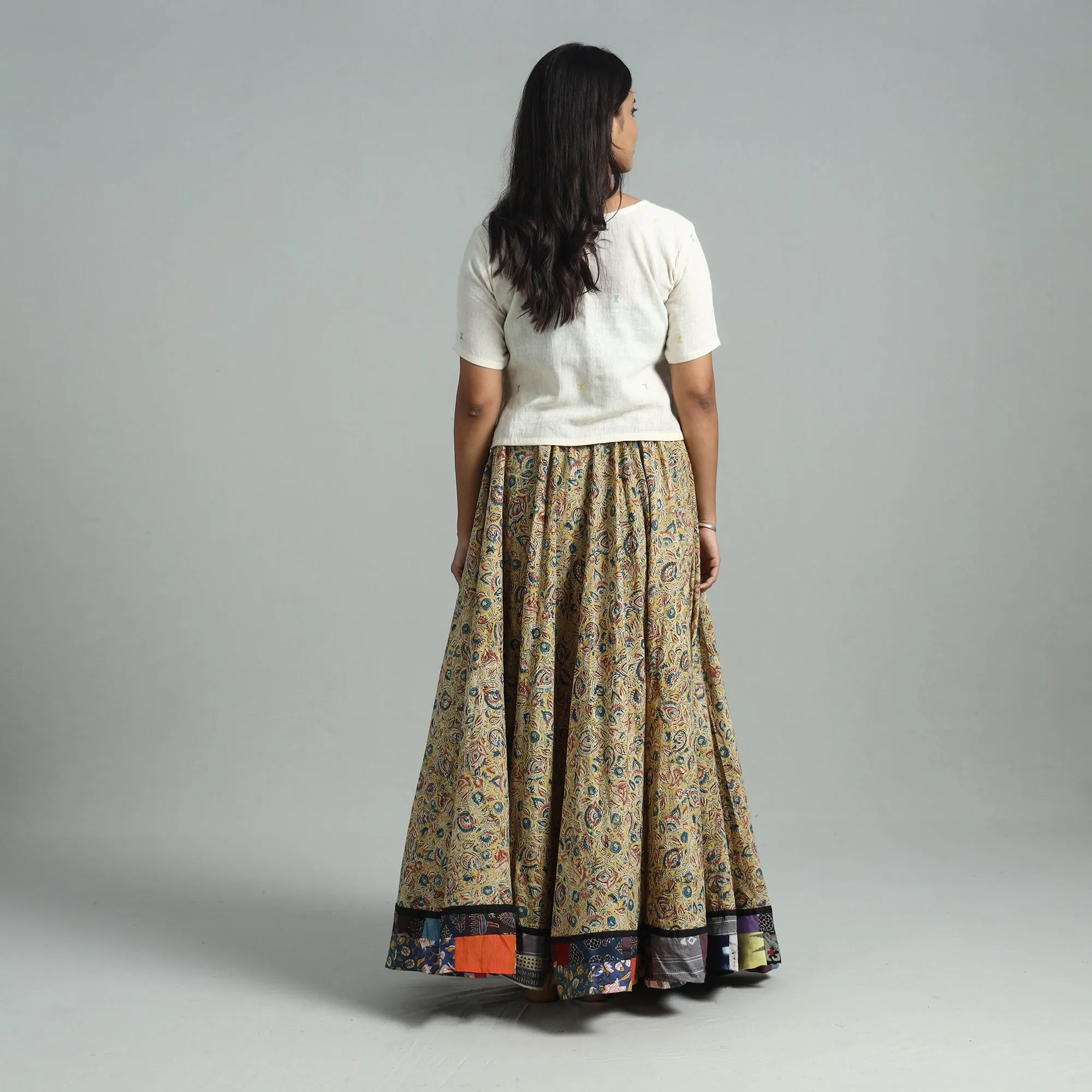 Yellow - Hand Block Printed Cotton Long Kalamkari Skirt 02